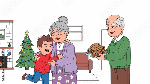 A young boy hugging his grandmother while grandfather offers food during Christmas.