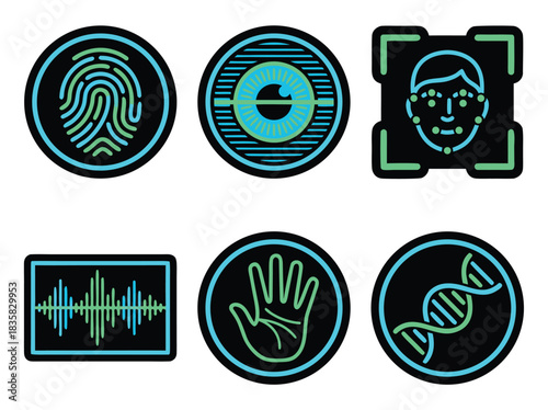 Biometric Identification and Security System Icons Set.