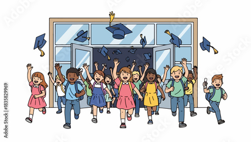 Students joyfully exit a school building, throwing graduation caps in the air, celebrating the end of the school year.