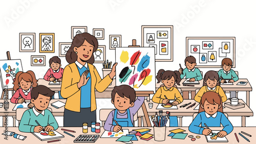A teacher instructs a classroom of young students during an art lesson, demonstrating painting techniques with colorful feathers on a canvas.