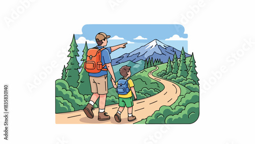 A father and son hiking on a winding path, pointing towards a mountain peak.