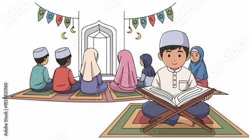 Children are sitting on prayer mats inside a mosque, listening to a boy reading from the Quran. Bunting hangs above the archway.