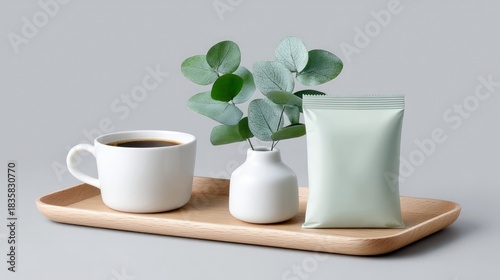 Coffee Cup and Pack on Tray with Eucalyptus