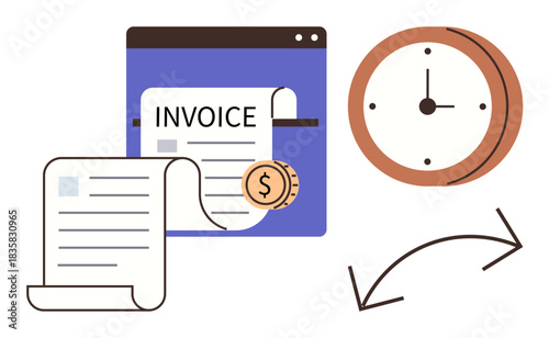 Invoice document with money coin, clock symbolizing time management, and reverse arrows indicating process flow. Ideal for accounting, billing, payment, finance, efficiency, workflow time value