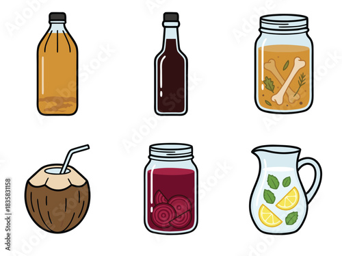 Diverse array of beverage illustrations in vibrant colors.