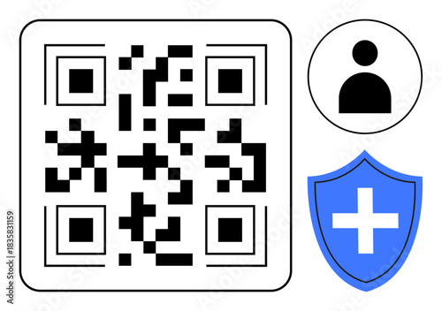 Digital identity, security, healthcare, authorization, QR code scanning, technological services. QR code with symbols of a user and shield. Digital identity and security concept