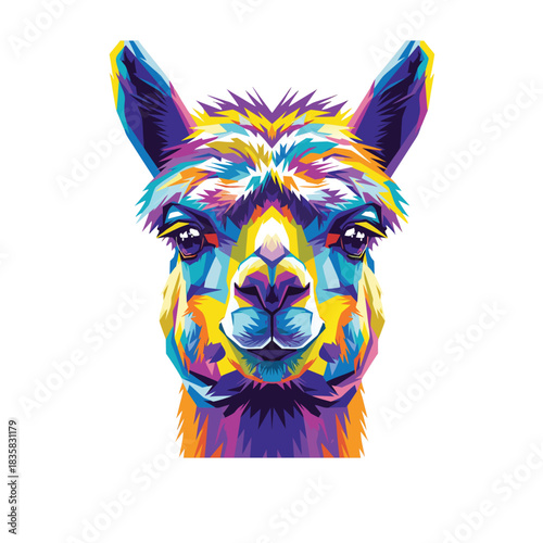 Colorful pop art illustration of a llama head with vibrant geometric patterns. A modern and artistic animal portrait isolated on a white background