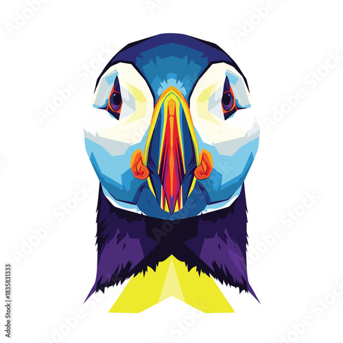 Vibrant Geometric Puffin Portrait, A Striking Low-Poly Illustration of a Colorful Seabird