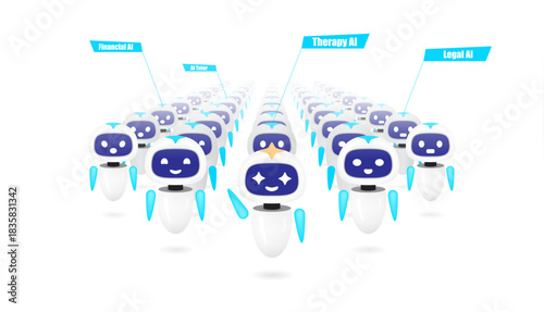 Vector illustration of AI agents army concept. Digital artificial intelligence bots network. Future technology workforce and automation system.