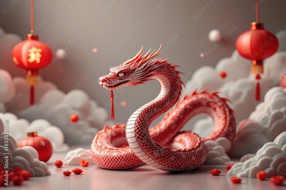 Obraz premium Stylized dragon and lanterns
