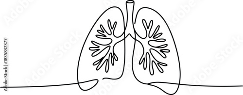 A continuous single line drawing shows human lungs with bronchial structures detailed inside them