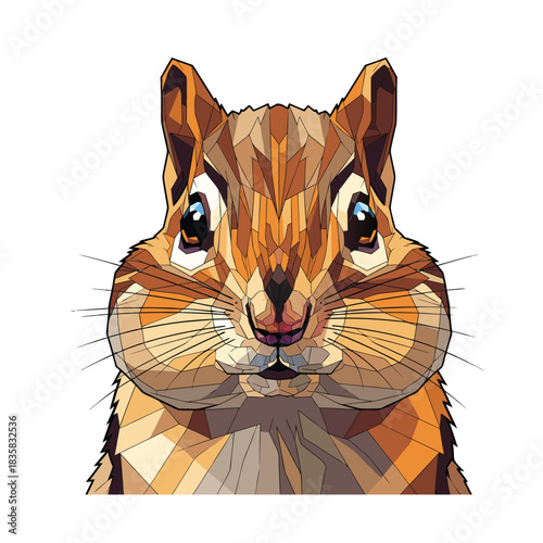 A stylized geometric pop art illustration of a cute chipmunk's face with full cheeks. This vector graphic animal portrait is isolated on a white background