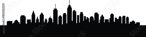 Bold black silhouette of a dynamic city skyline featuring numerous buildings and prominent skyscrapers