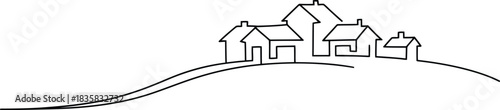 Several charming houses are depicted on a curving hill using a continuous line art style
