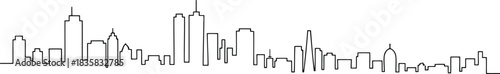 Simple continuous line drawing depicts a broad city skyline featuring multiple buildings and diverse structures