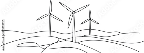 Three wind turbines generating clean energy on rolling hills in a continuous line drawing
