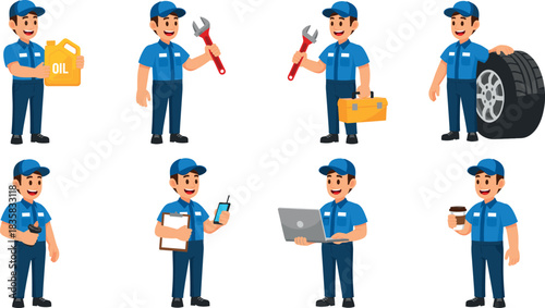Set of auto mechanic characters holding tools oil tire laptop and equipment in various poses for car service vector illustration