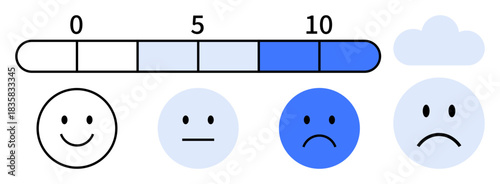 Mood tracking concept. Mood levels through a numerical scale and facial expressions from happy to sad. Mood tracking enhancing mental health conversations and insights. For mental health apps