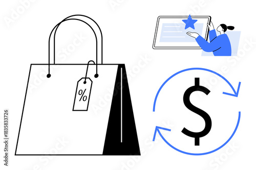 E-commerce, online shopping deals, financial transactions, customer ratings, cashback services, sales optimization. Shopping bag, dollar sign with arrows person using a screen. E-commerce and online