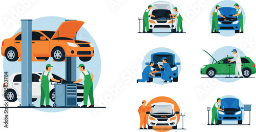 Set of car repair workshop illustrations with mechanics inspecting engines lifting vehicles and performing auto service in detailed vector design