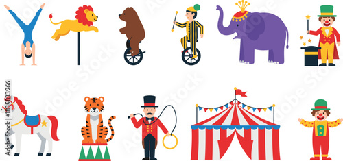 Set of circus characters and animals including clowns acrobat lion bear elephant ringmaster and tent in colorful vector illustration