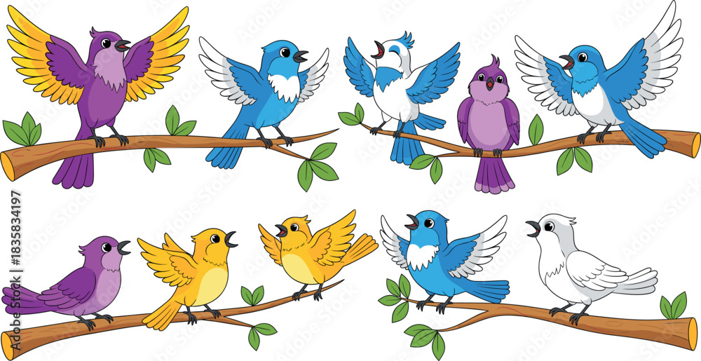 Fototapeta premium Set of colorful singing birds on tree branches with playful poses and cheerful expressions in cute cartoon vector illustration
