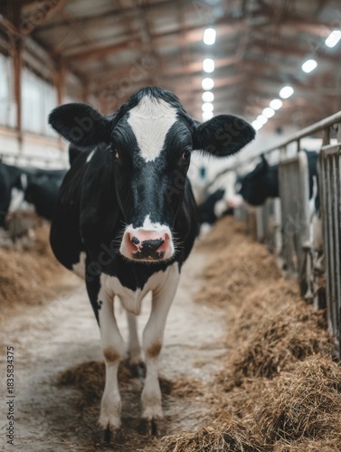 Cow Stands in Barn Eating Hay on Dairy Farm During Afternoon Hours in an Agricultural Setting