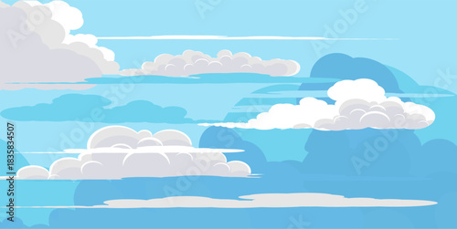 Illustration of a blue sky with white clouds in a flat style. Blue sky background and white clouds. Cartoon sky