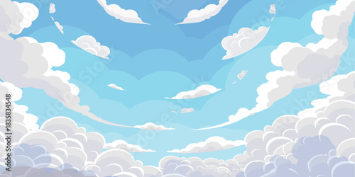 Illustration of a blue sky with white clouds in a flat style. Blue sky background and white clouds. Cartoon sky