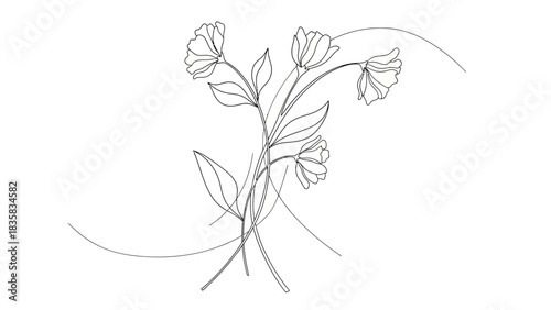 Elegant floral line art illustration for creative designs and minimalist spring projects, featuring a bouquet of delicate flowers with flowing curves