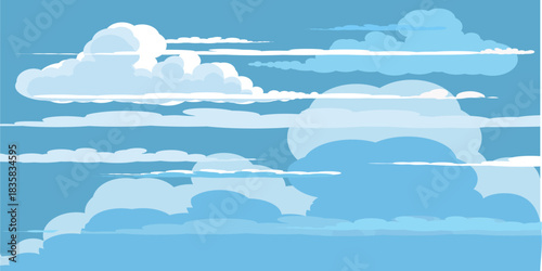 Illustration of a blue sky with white clouds in a flat style. Blue sky background and white clouds. Cartoon sky