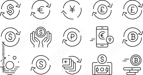 Currency exchange and cryptocurrency icons set