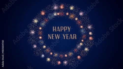Wallpaper Mural Happy New Year Fireworks Circle Display with Text Animation Dark Background Torontodigital.ca