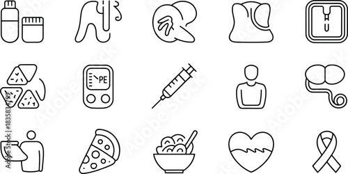 Diabetes disease symptoms treatment icons set
