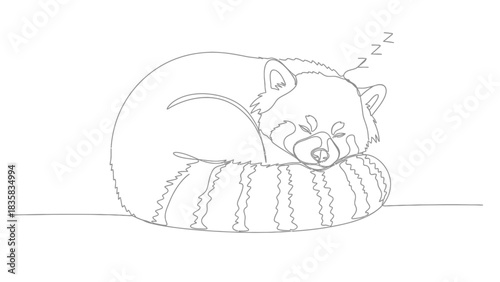 Adorable red panda sleeping peacefully in minimalist line art drawing perfect for calming nursery decor or children's book illustration projects