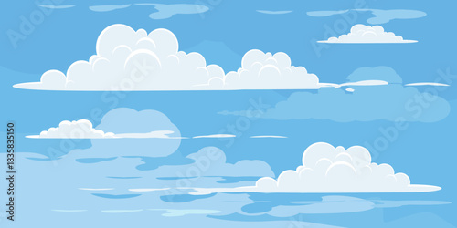 Illustration of a blue sky with white clouds in a flat style. Blue sky background and white clouds. Cartoon sky	
