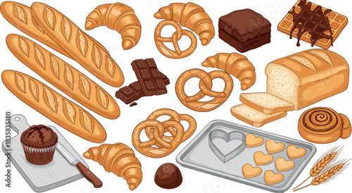Set of detailed bakery food items including baguettes croissants pretzels muffins cookies bread and chocolate in gourmet vector illustration