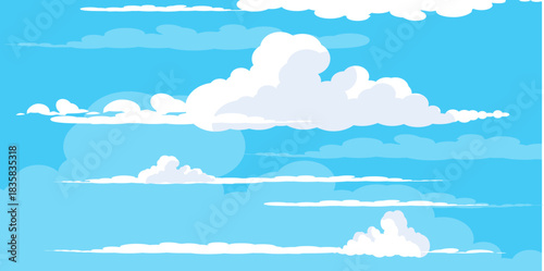 Illustration of a blue sky with white clouds in a flat style. Blue sky background and white clouds. Cartoon sky	