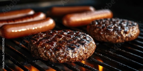 Close-up of two grilled hamburger patties and four hot dogs cooking on a barbecue grill with visible char marks and glowing fire beneath