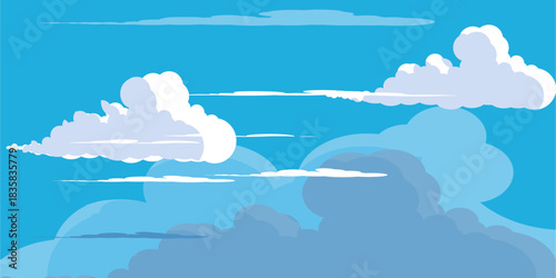 Illustration of a blue sky with white clouds in a flat style. Blue sky background and white clouds. Cartoon sky
