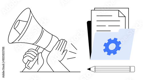 Marketing, project management, teamwork, information sharing, creative services, productivity. A megaphone, files and pencil icon. Marketing and project management concept