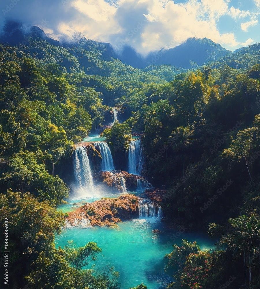 Fototapeta premium Lush tropical forest surrounding clear blue waterfall cascading over rocky tiers under a bright sky with scattered clouds