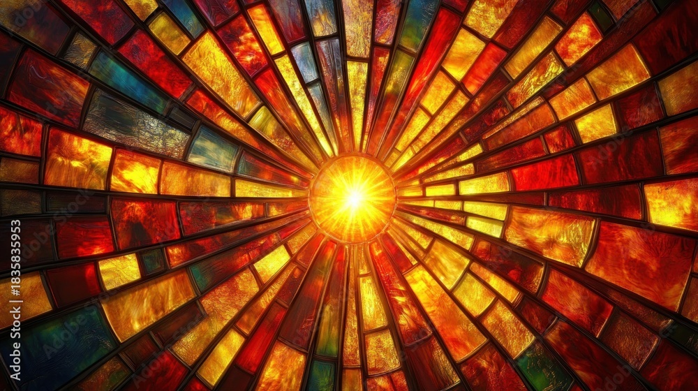 Obraz premium Radiant circular stained glass window with fiery orange, yellow, red, and dark blue segments converging towards a bright glowing center emitting warm light
