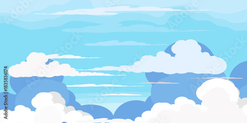 Illustration of a blue sky with white clouds in a flat style. Blue sky background and white clouds. Cartoon sky