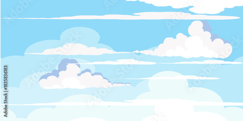 Illustration of a blue sky with white clouds in a flat style. Blue sky background and white clouds. Cartoon sky