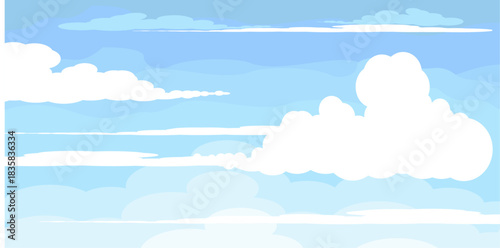 Illustration of a blue sky with white clouds in a flat style. Blue sky background and white clouds. Cartoon sky