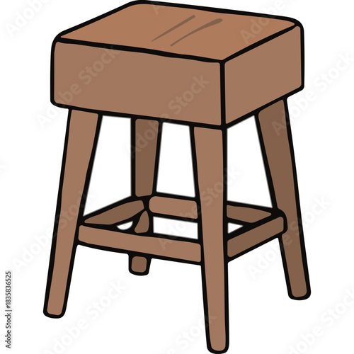 Simple wooden bar stool with four legs and a square seat isolated on a black background with subtle shading and outline details