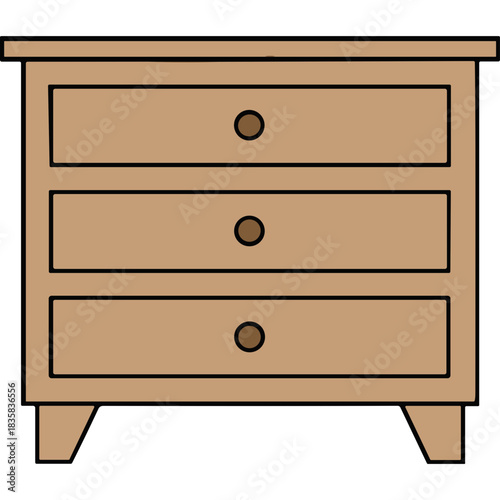Simple wooden bedside table with three drawers and round knobs on a black background a clean illustration of essential bedroom furniture