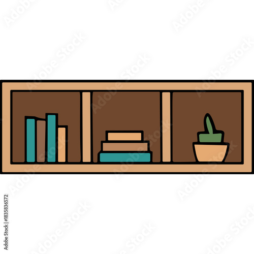 Simple Wooden Bookshelf with Books and a Plant on a Black Background
