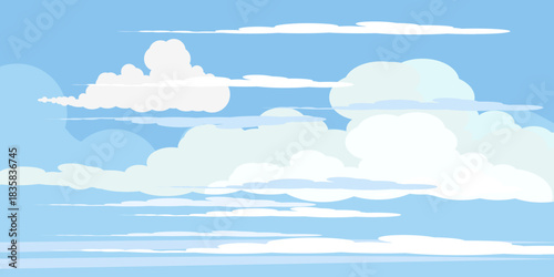 Illustration of a blue sky with white clouds in a flat style. Blue sky background and white clouds. Cartoon sky